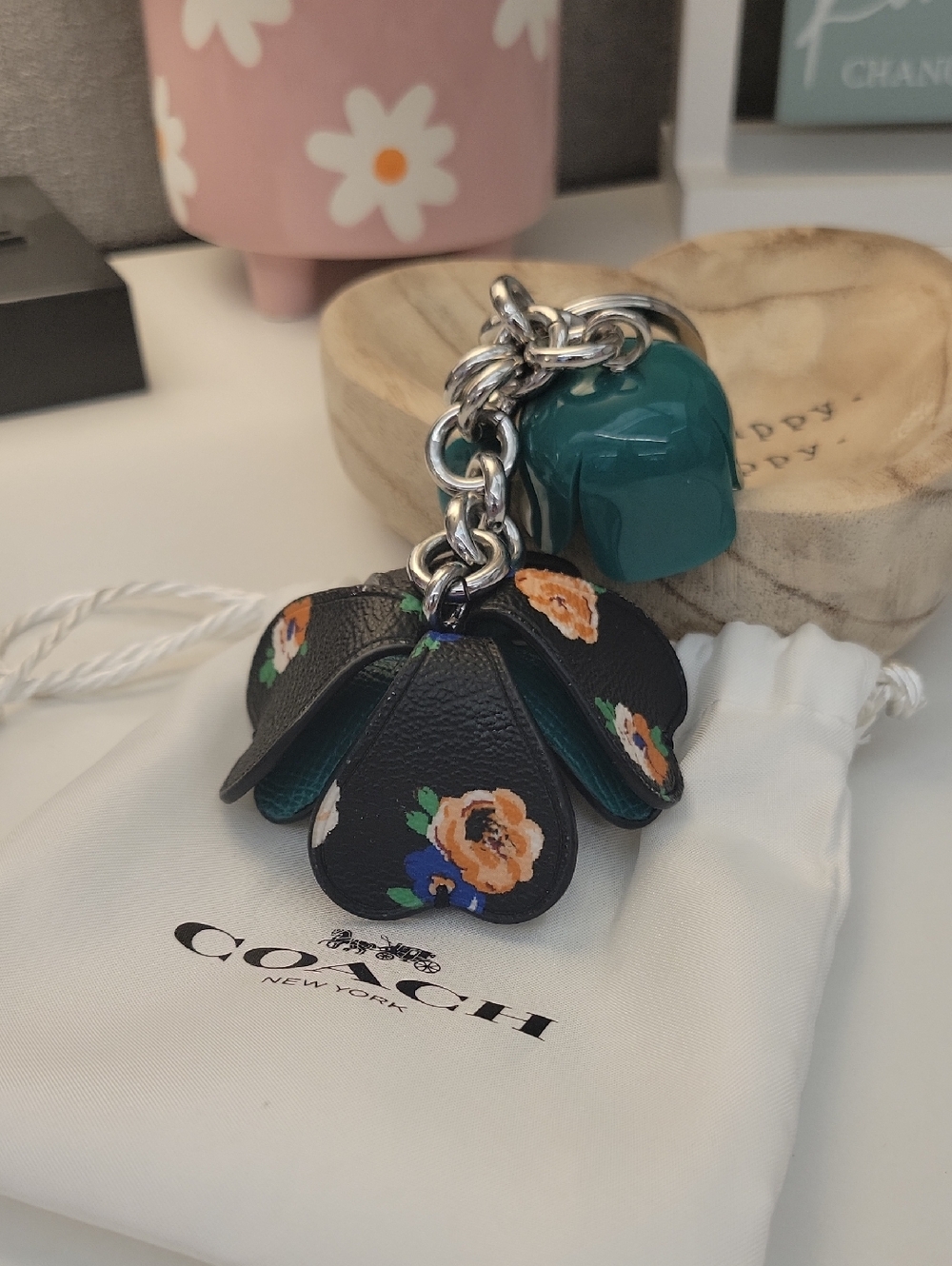 NWOT COACH Resin & Leather Tea Rose Keychain with Silver Hardware - Picture 9 of 11